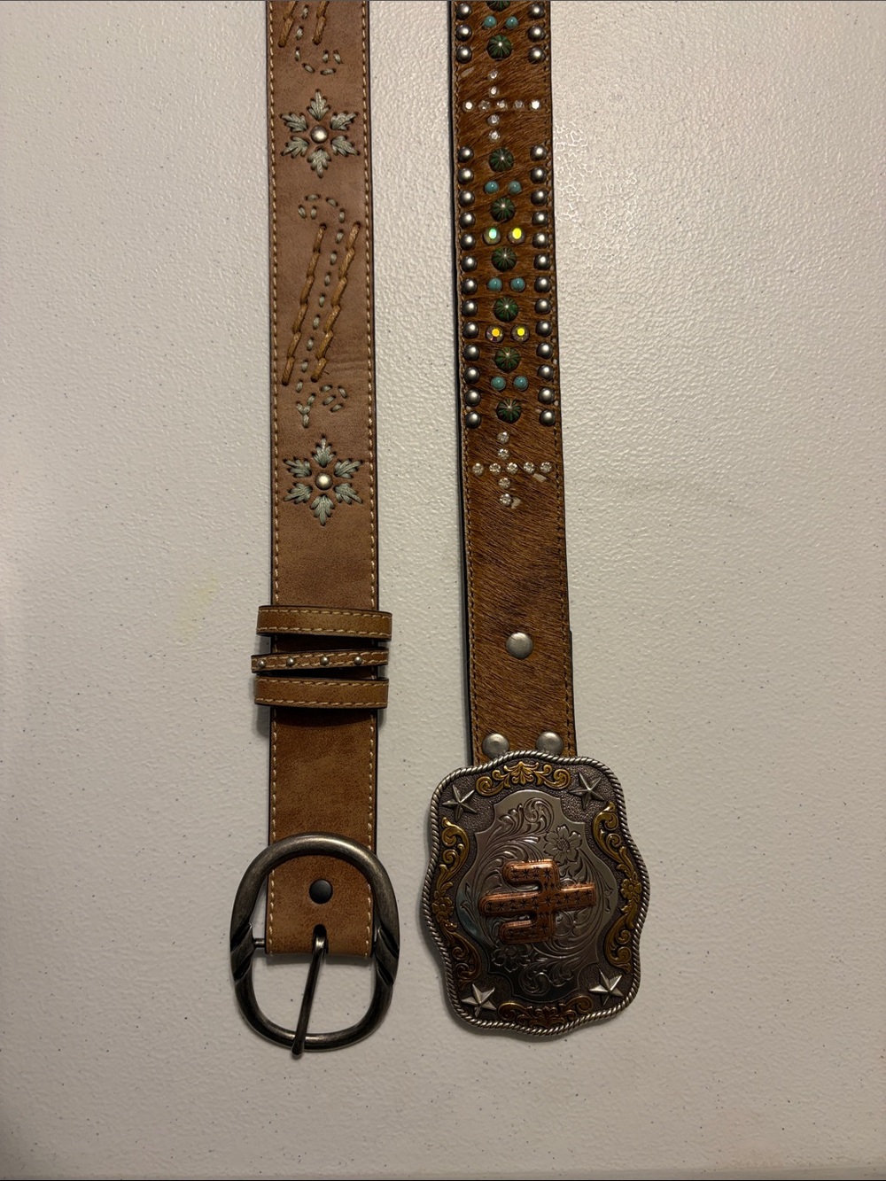 2 Ladies Brown Studded Western Leather Belts with Decorative Buckles. Like New.